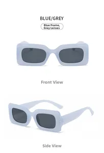 Close-up of matte blue square sunglasses frame with dark grey lenses and side view