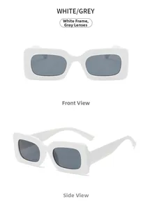 Front and side view of trendy white rectangular sunglasses with grey lenses