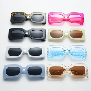 Fashionable rectangle sunglasses set with eight vibrant candy colors in a grid layout