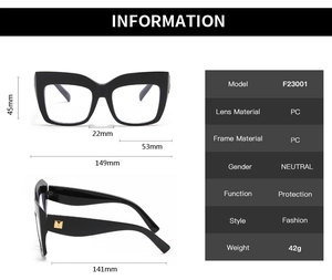 Detailed size specifications for oversized square frame glasses with golden accents