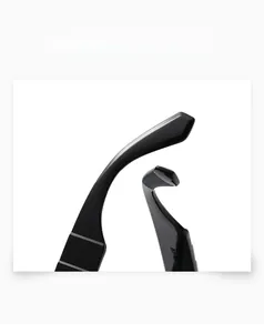 Detailed macro view of curved black glossy eyewear temples with anti-slip texture
