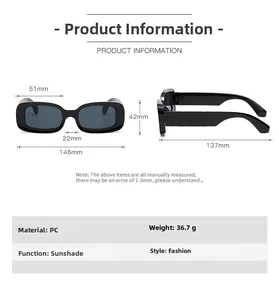 Detailed size chart for square sunglasses showing 146mm frame width and 137mm temple length