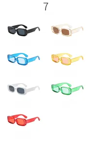 Matrix display of retro rectangular sunglasses in seven distinct candy color options