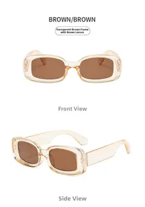 Detailed front and side views of rectangular amber brown sunglasses with brown lenses