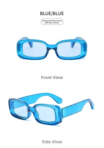 Front and 45-degree side view of trendy transparent blue rectangle sunglasses