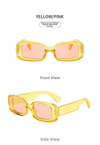 Detail view of square sunglasses with transparent yellow frames and pink lenses