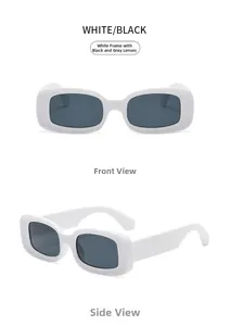 Detail view showing front and side profile of white square frame sunglasses with grey lenses