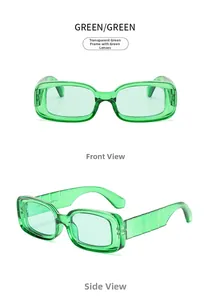 Detail view of retro green rectangle sunglasses showing thick frames and textured temples