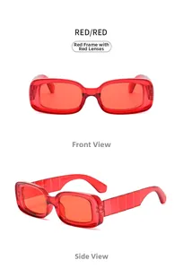 Front and side views of stylish rectangular red transparent sunglasses with wide temples