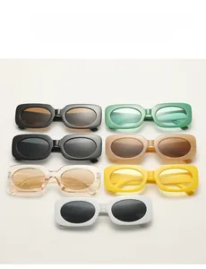 Close-up of stylish rectangular sunglasses available in seven vibrant candy colors