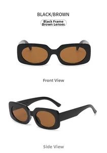 Detail view of rectangular sunglasses in black frame and brown lenses from front and side angles