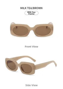 Front and side views of stylish milk tea rectangular sunglasses with brown lenses
