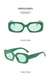 Front and side views of stylish green rectangular sunglasses with light green lenses