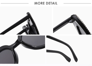 Vues détaillées de lunettes de soleil en cœur avec strass sur monture noire brillante