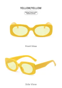 Detail view of yellow retro square sunglasses showing front and side profile frames