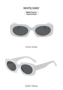 Multiple views of white rectangular sunglasses showing front and side profile details