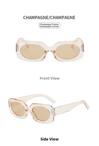 Close-up of champagne transparent rectangular sunglasses from front and side angles