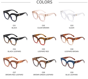 Nine stylish cat-eye glasses frames in varied colors like tortoiseshell and clear