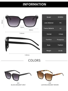Detailed size chart with frame width and lens height for square vintage sunglasses