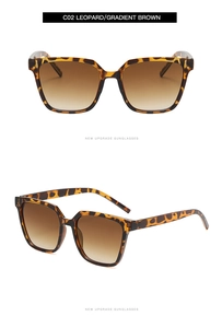 Detail view of square leopard print sunglasses with gradient brown lenses from two angles