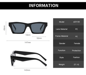 Detailed size chart for black square sunglasses showing PC material and frame dimensions