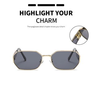 Detail of reinforced metal hinge on gold polygon sunglasses with dark gray lenses