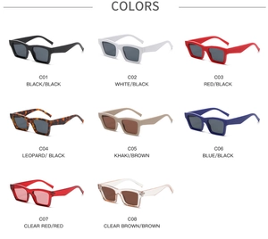 Detailed catalog showing eight color variants of vintage square sunglasses with wide legs
