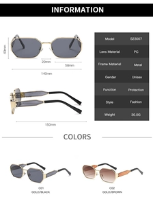 Detailed dimensions and side view of small frame polygon metal sunglasses