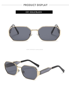 Detail view of octagon metal sunglasses with gold frames and hollow temple design