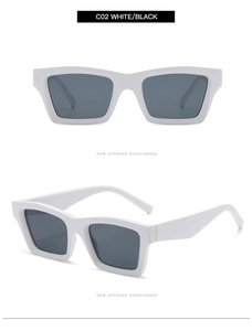 Detailed views of modern white rectangle sunglasses featuring dark grey lenses and smooth frame