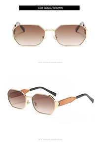 Front and side view of octagonal gold metal sunglasses with brown gradient lenses