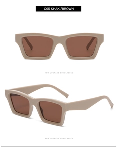 Front and side view of khaki square retro sunglasses with brown lenses and wide frame