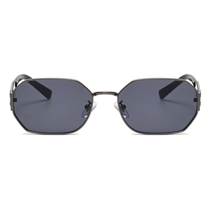 Detailed close-up of octagonal gunmetal frame sunglasses with dark grey lenses