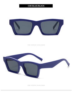 Detailed views of square navy blue sunglasses with thick frames and dark grey lenses