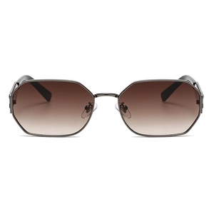 Detailed front view of octagonal sunglasses featuring brown gradient lenses and gunmetal frames
