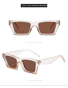 Detail view of square clear brown sunglasses with premium resin frames and dark lenses