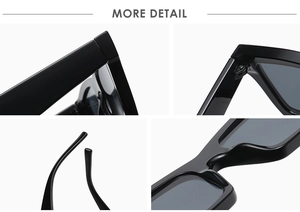 Detail shots of black square sunglasses showing durable metal hinges and thick frame joints