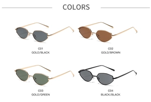 Vue en grille de lunettes de soleil œil-de-chat étroites en plusieurs couleurs et métal