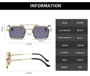 Detailed size guide for polygon punk sunglasses with metal frames and gray lenses