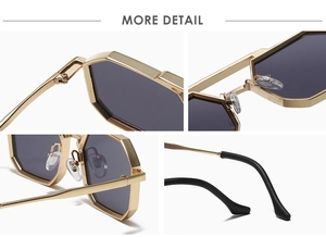 Detail view of gold metal frame sunglasses showing hinges, nose pads and temple tips