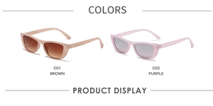 Detail view of cat eye sunglasses in translucent brown and purple plastic frames