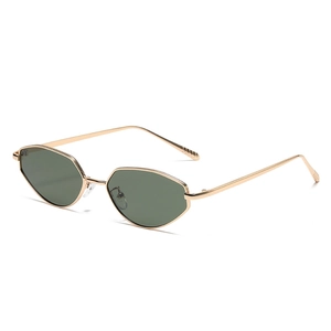 Lunettes de soleil œil de chat rétro avec monture hexagonale dorée et verres verts