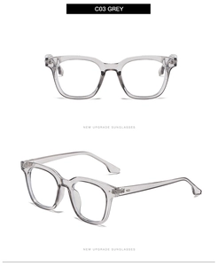 Close-up of retro square transparent grey eyewear frame with refined metal rivet details