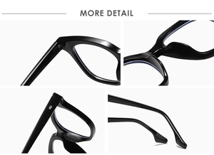 Detailed views of black square eyeglass frames showing hinges, nose pads, and temple tips