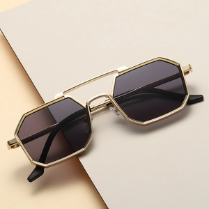 Polygonal punk sunglasses with gold metal frame and dark gray lenses for men and women