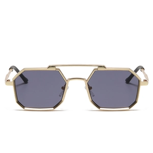 Polygonal punk sunglasses with gold metal frame and double bridge grey lenses