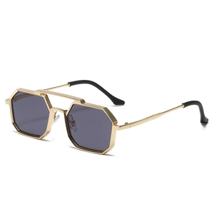 Punk polygon sunglasses with gold metal frame and dark grey octagonal lenses