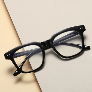 Retro black square glasses with silver rivet details and anti-blue light clear lenses