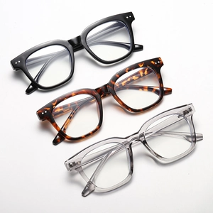 Vintage square anti-blue light glasses in black, tortoiseshell, and transparent grey frames