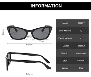 Detailed dimensions of cat eye sunglasses with PC frame and dark grey lenses for sizing